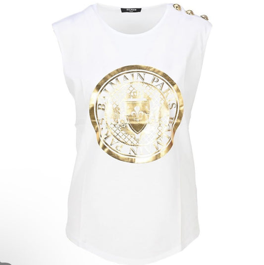 BALMAIN FLOCK WHITE COTTON TANK TOP